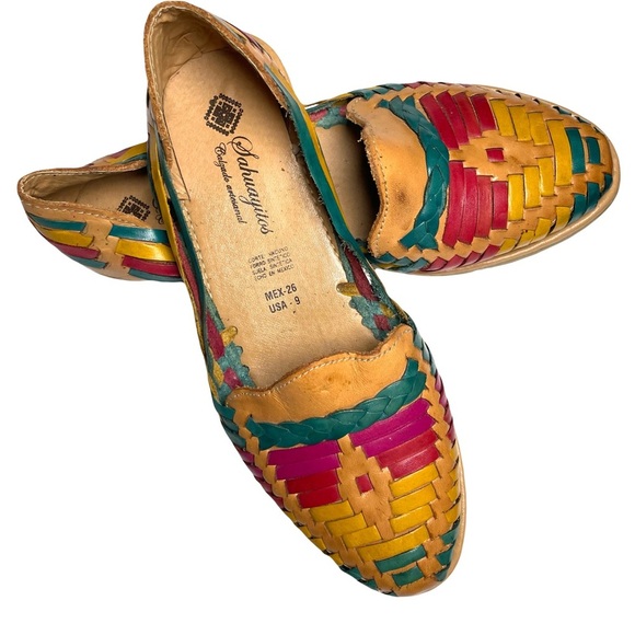 Women’s Calzado Artisanal Leather Huaraches Colorful  Woven Design Size 9 - Picture 1 of 12